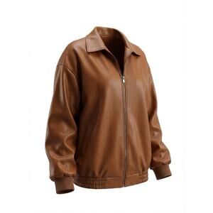 Womens Oversized Faux Leather Bomber Jacket Zip-Up Light Brown Vintage Y2K Small